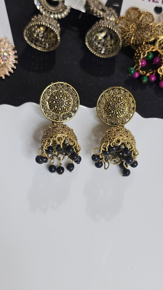 Gold Jhumkas with black beads