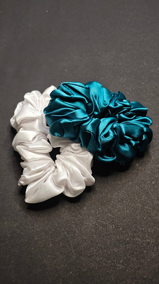 White & Dark Teal Scrunchies