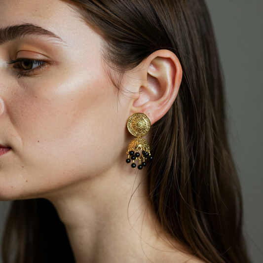 Gold Jhumkas with black beads